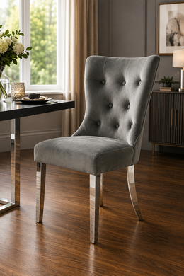 Bentley Dark Grey Dining Chair – Chrome Legs – Velvet Upholstery – 48 x 60 x 93cm