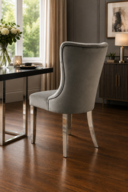 Bentley Dark Grey Dining Chair – Chrome Legs – Velvet Upholstery – 48 x 60 x 93cm