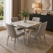 Lewis 1m Square Dining Table – White Marble – Chrome Legs – 100 x 100 x 75cm