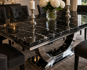 London Dining Table – Marble & Ceramic – Chrome U-Shaped Pedestal Base – 150/180/200cm