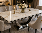 London Dining Table – Marble & Ceramic – Chrome U-Shaped Pedestal Base – 150/180/200cm
