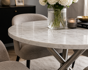 Paris 1m Round Dining Table – White Marble – Chrome Cross Base – Ø100 x 75cm