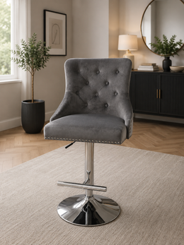 Chelsea Velvet Bar Stool – Chrome Base – Lion & Ring Knocker