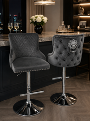Lewis Bar Stool – Chesterfield Back & Lion Knocker – Chrome Base – 58 x 50 x 98cm
