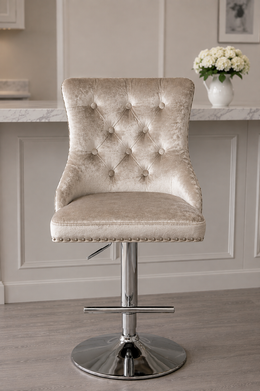 Mayfair Bar Stool – Shimmer Velvet – Lion Knocker – Chrome Base – 64 x 60 x 100cm