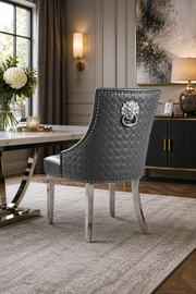 Roma Dining Chair – Lion Knocker – Chrome Legs – PU