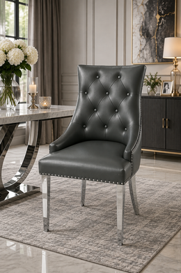 Roma Dining Chair – Lion Knocker – Chrome Legs – PU