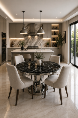 London 1.3m Round Dining Table – Marble – Chrome Pedestal Base – Ø130 x 75cm