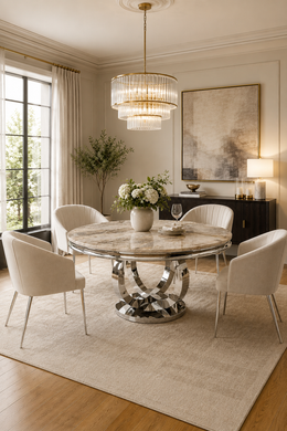 Chelsea 1.3m Round Beige Marble Dining Table – Chrome