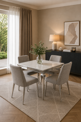 Lewis 1m Square Dining Table – White Marble – Chrome Legs – 100 x 100 x 75cm