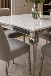 Lewis 1m Square Dining Table – White Marble – Chrome Legs – 100 x 100 x 75cm