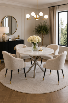 Paris 1m Round Dining Table – White Marble – Chrome Cross Base – Ø100 x 75cm