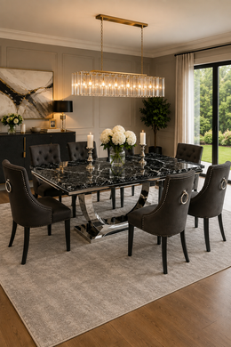 London Dining Table – Marble & Ceramic – Chrome U-Shaped Pedestal Base – 150/180/200cm