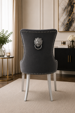 Chelsea Dining Chair – Lion Knocker – Chrome Legs – Velvet – 62 x 60 x 96cm