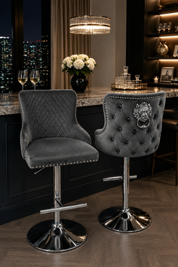 Lewis Bar Stool – Chesterfield Back & Lion Knocker – Chrome Base – 58 x 50 x 98cm