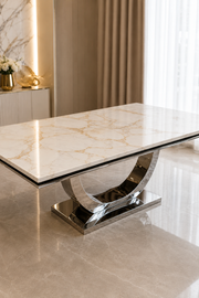 London Dining Table – Marble & Ceramic – Chrome U-Shaped Pedestal Base – 150/180/200cm