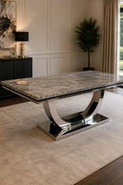 London Dining Table – Marble & Ceramic – Chrome U-Shaped Pedestal Base – 150/180/200cm