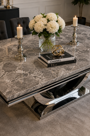London Dining Table – Marble & Ceramic – Chrome U-Shaped Pedestal Base – 150/180/200cm