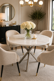 Paris 1m Round Dining Table – White Marble – Chrome Cross Base – Ø100 x 75cm