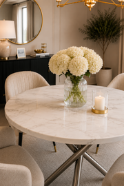 Paris 1m Round Dining Table – White Marble – Chrome Cross Base – Ø100 x 75cm