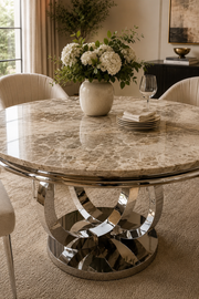 Chelsea 1.3m Round Beige Marble Dining Table – Chrome