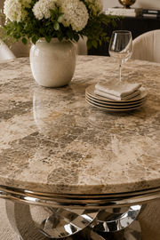Chelsea 1.3m Round Beige Marble Dining Table – Chrome