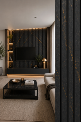 280cm Tall Marble Acoustic Wall Panels - Gold & Black Marble - 280 x 60