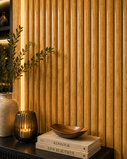 Premium Fluted Waterproof Wall Panels - Oak - 240 x 15 (Pack of 12)