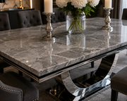 London Dining Table – Marble & Ceramic – Chrome U-Shaped Pedestal Base – 150/180/200cm