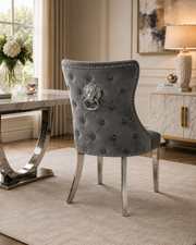 Lewis Chair – Lion Knocker – Chrome Legs – 65 x 52 x 94cm