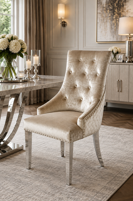 Roma Dining Chair – Lion Knocker – Chrome Legs – Velvet