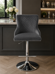 Lewis Bar Stool – Chesterfield Back & Lion Knocker – Chrome Base – 58 x 50 x 98cm