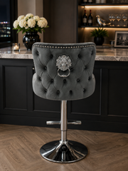 Lewis Bar Stool – Chesterfield Back & Lion Knocker – Chrome Base – 58 x 50 x 98cm