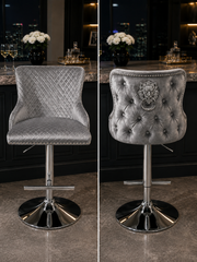 Lewis Bar Stool – Chesterfield Back & Lion Knocker – Chrome Base – 58 x 50 x 98cm