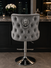 Lewis Bar Stool – Chesterfield Back & Lion Knocker – Chrome Base – 58 x 50 x 98cm