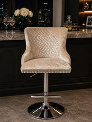 Lewis Bar Stool – Chesterfield Back & Lion Knocker – Chrome Base – 58 x 50 x 98cm