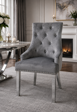 Roma Dark Grey Velvet Dining Chair – Chrome Legs – 64 x 56 x 97cm