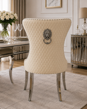 Mayfair Ivory Dining Chair – Lion Knocker – Chrome Legs – 55 x 55 x 97cm