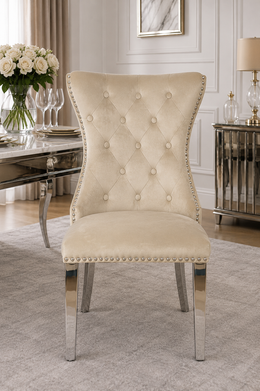 Mayfair Ivory Dining Chair – Lion Knocker – Chrome Legs – 55 x 55 x 97cm